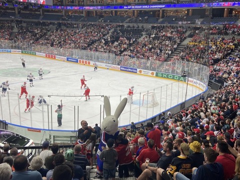 Vybraní žáci za odměnu na zápase Norsko Dánsko na MS v hokeji v Praze